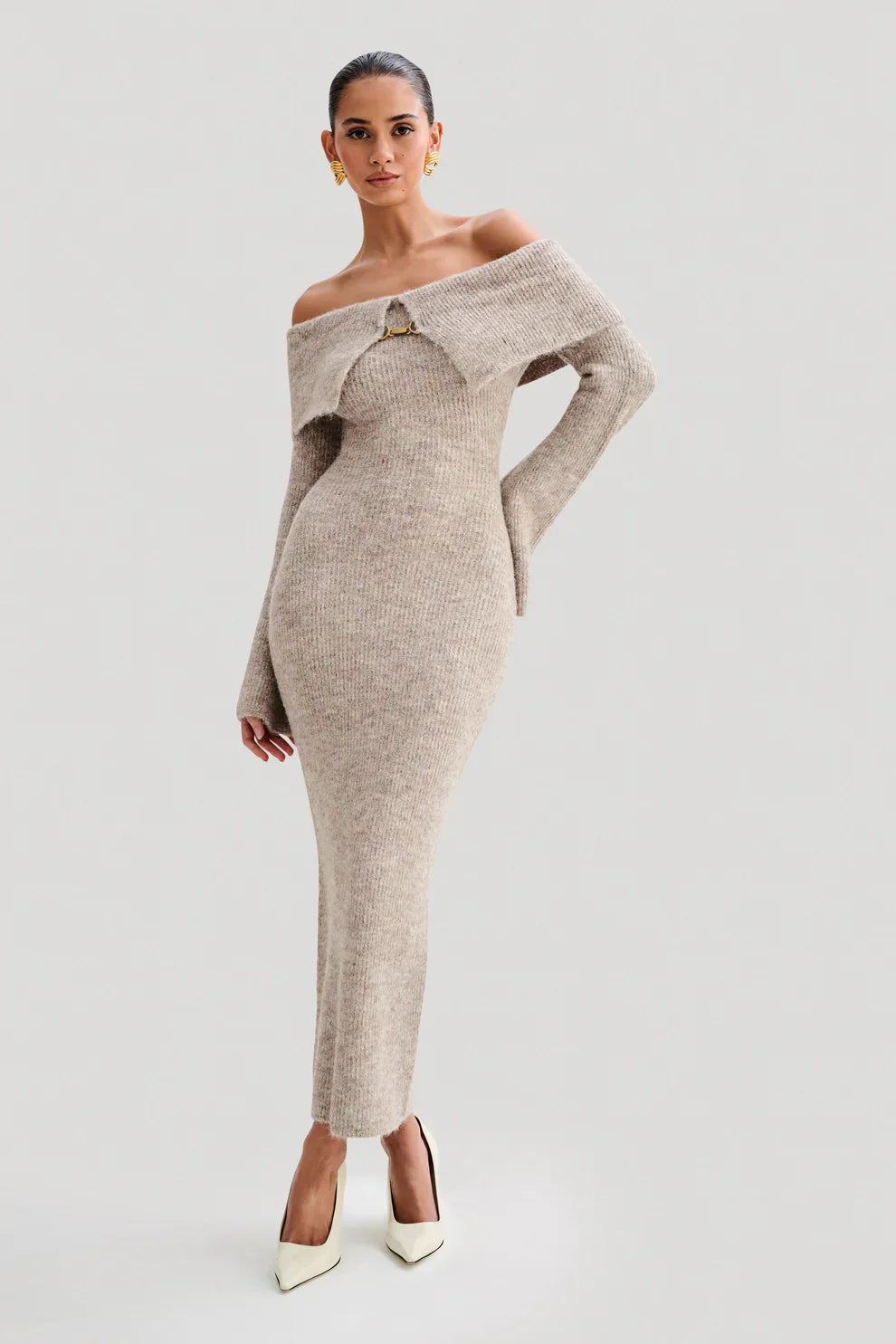 Talia Off-Shoulder Knit Dress - Beige