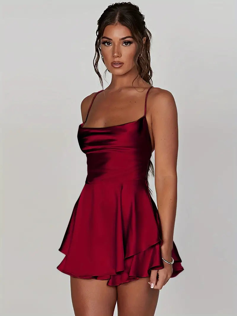 SNATCHED SATIN LACE UP MINI DRESS - RED