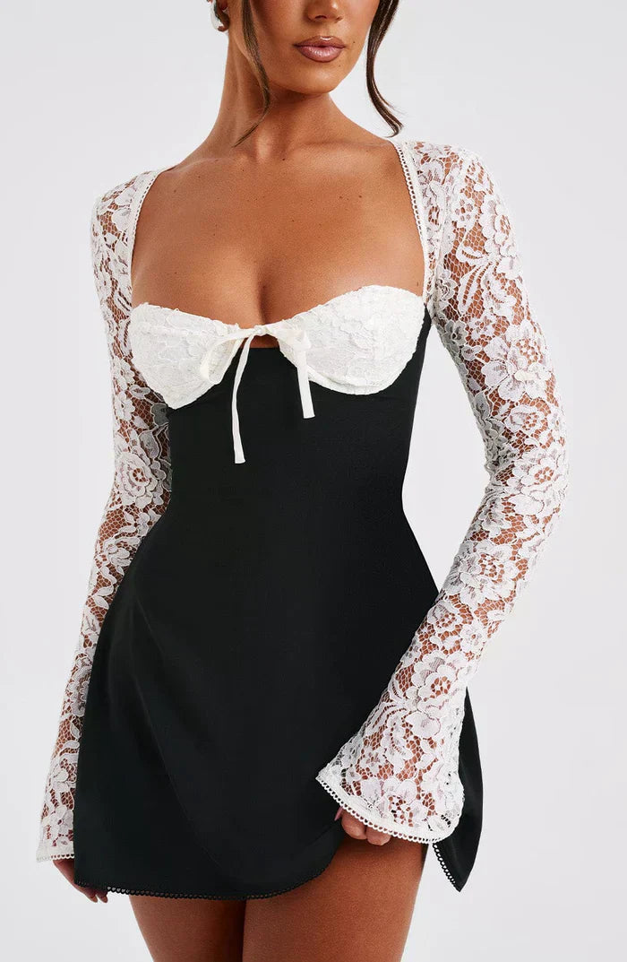 LIZA LACE MINI DRESS - BLACK/WHITE